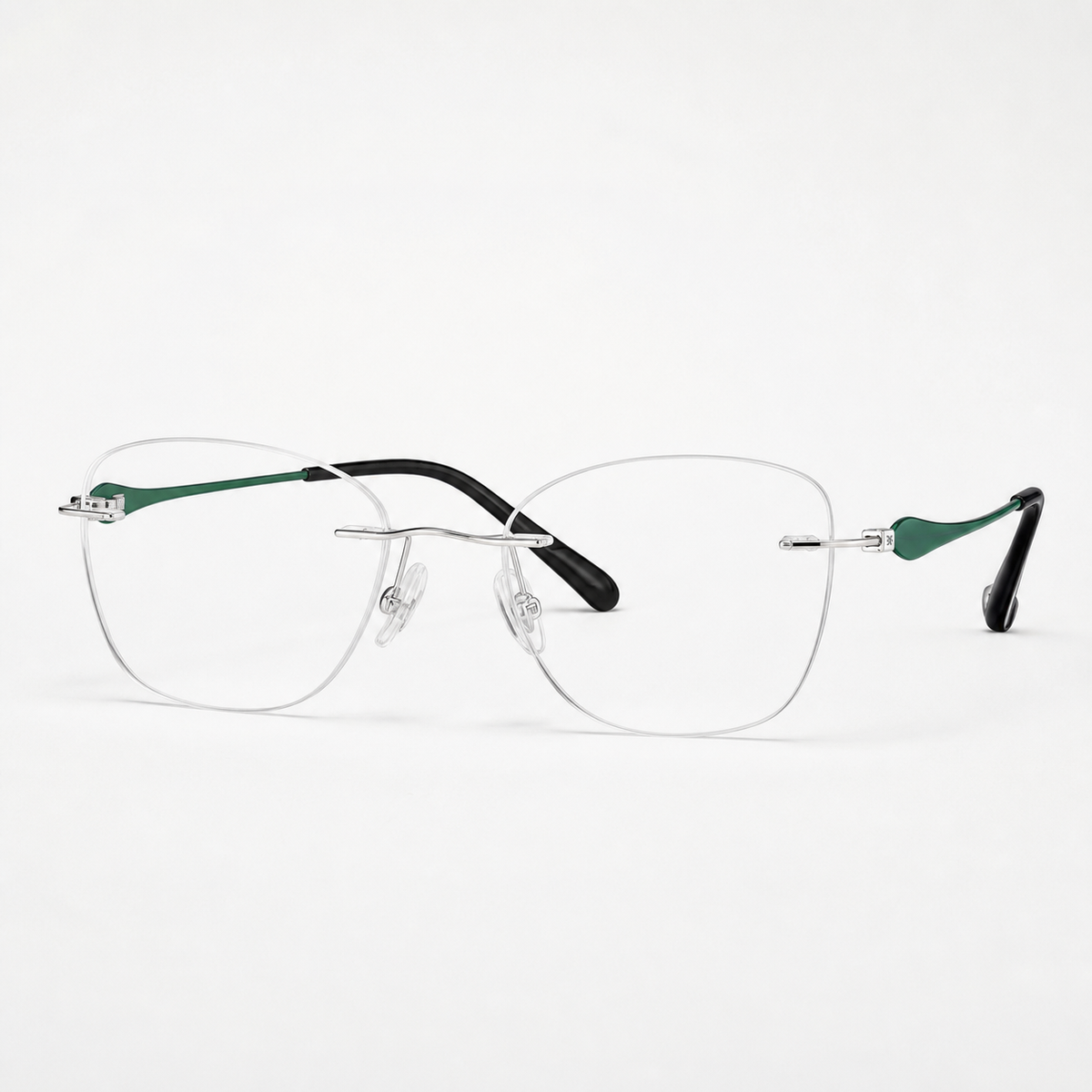 Green/Silver pure titanium rimless soft butterfly eyeglasses, straight-on product view