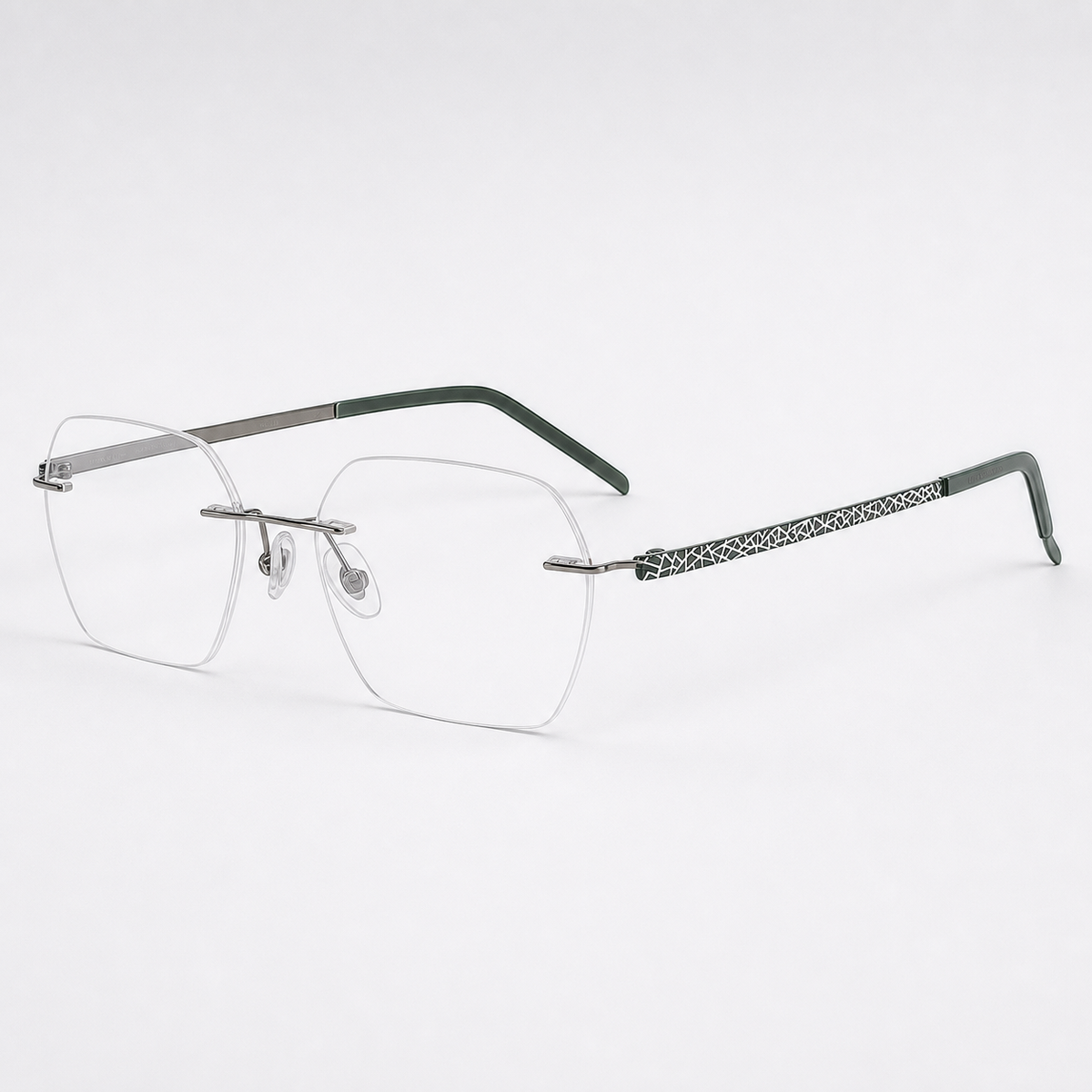 Dark Green/Gunmetal pure titanium rimless rectangular eyeglasses, straight-on product view