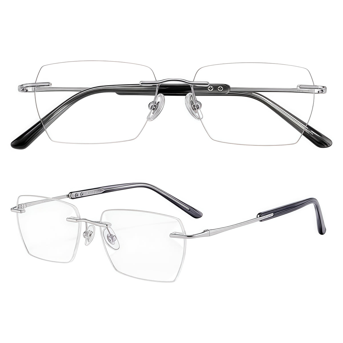 Silver front and 45-degree product views of Sophisticated Professional Rimless Eyeglasses