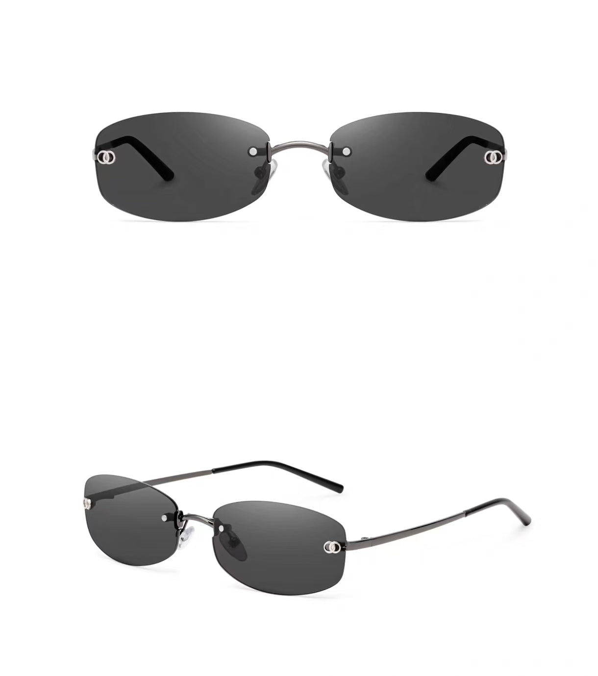 Black rimless rectangular alloy sunglasses, front and three-quarter views