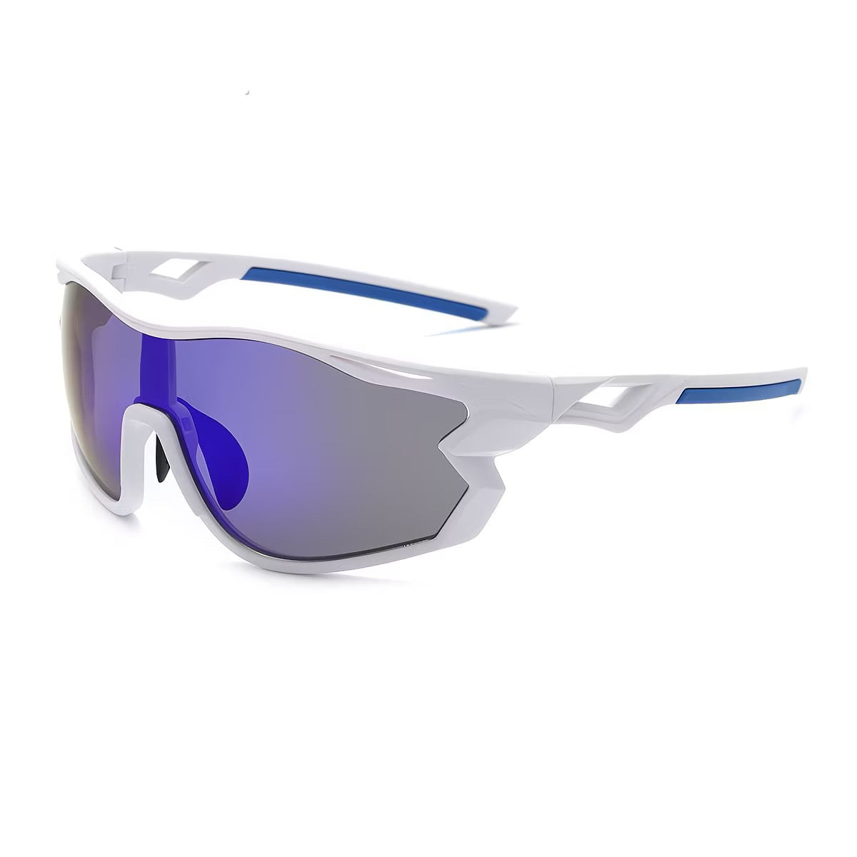 White Frame/Blue Lens 45-degree product view of Outdoor Adventure Windproof Sports Sunglasses