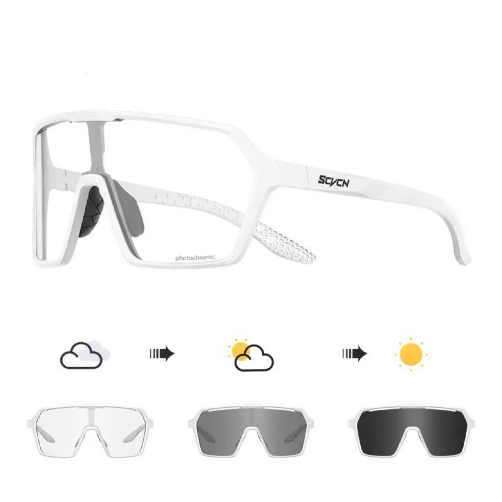 Matte White Frame/Photochromic Grey Lens unisex tr90 rectangular shield sunglasses, 45-degree view