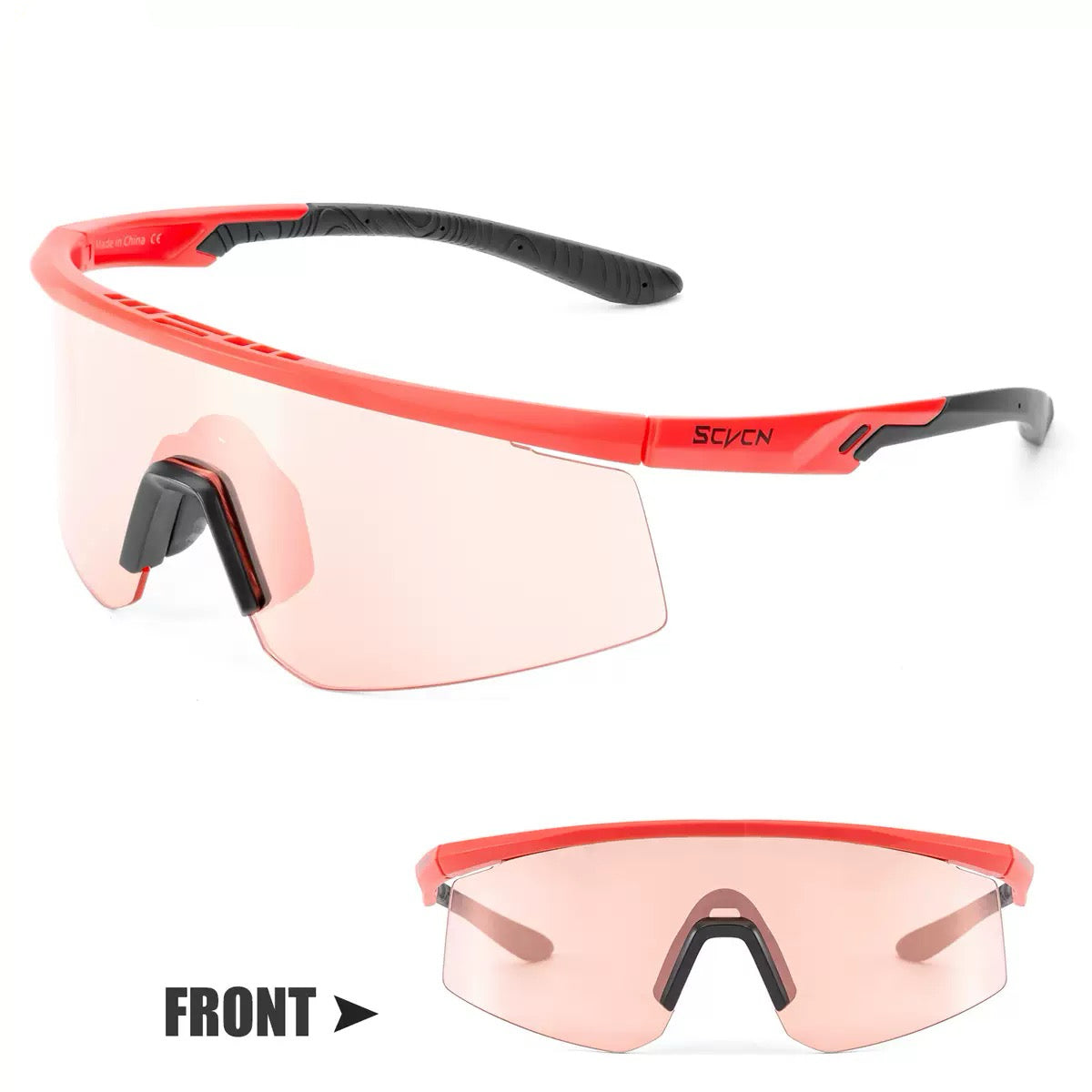 Black/Red unisex tr90 wraparound shield sunglasses, 45-degree view