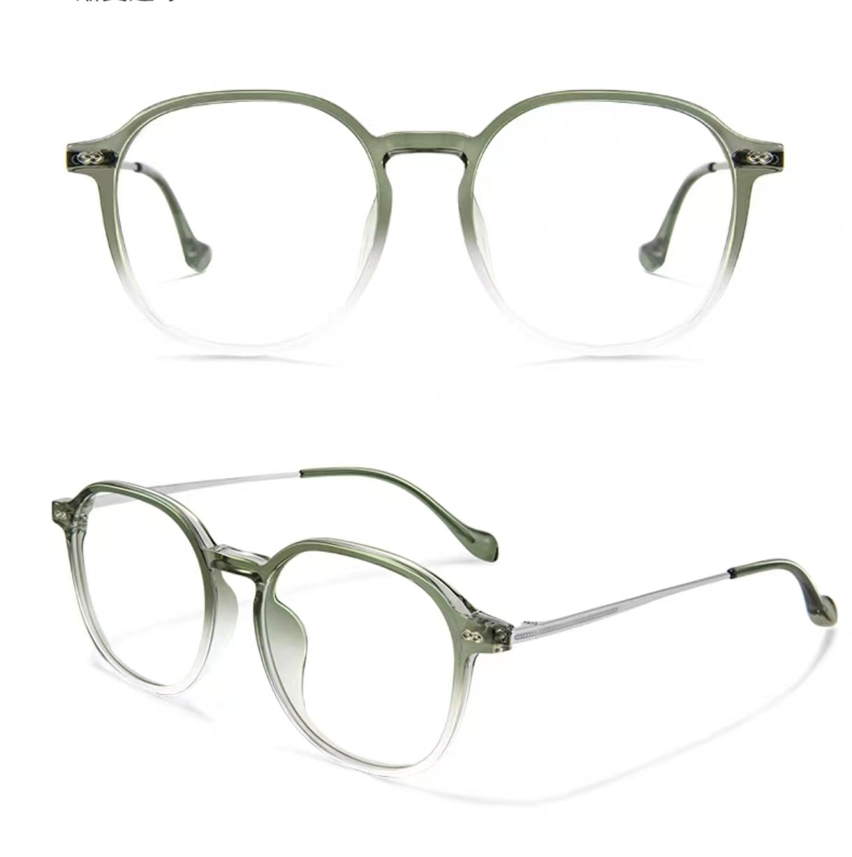 Green Gradient women's oversized TR90 and titanium full-rim glasses, original front and 45-degree composite detail