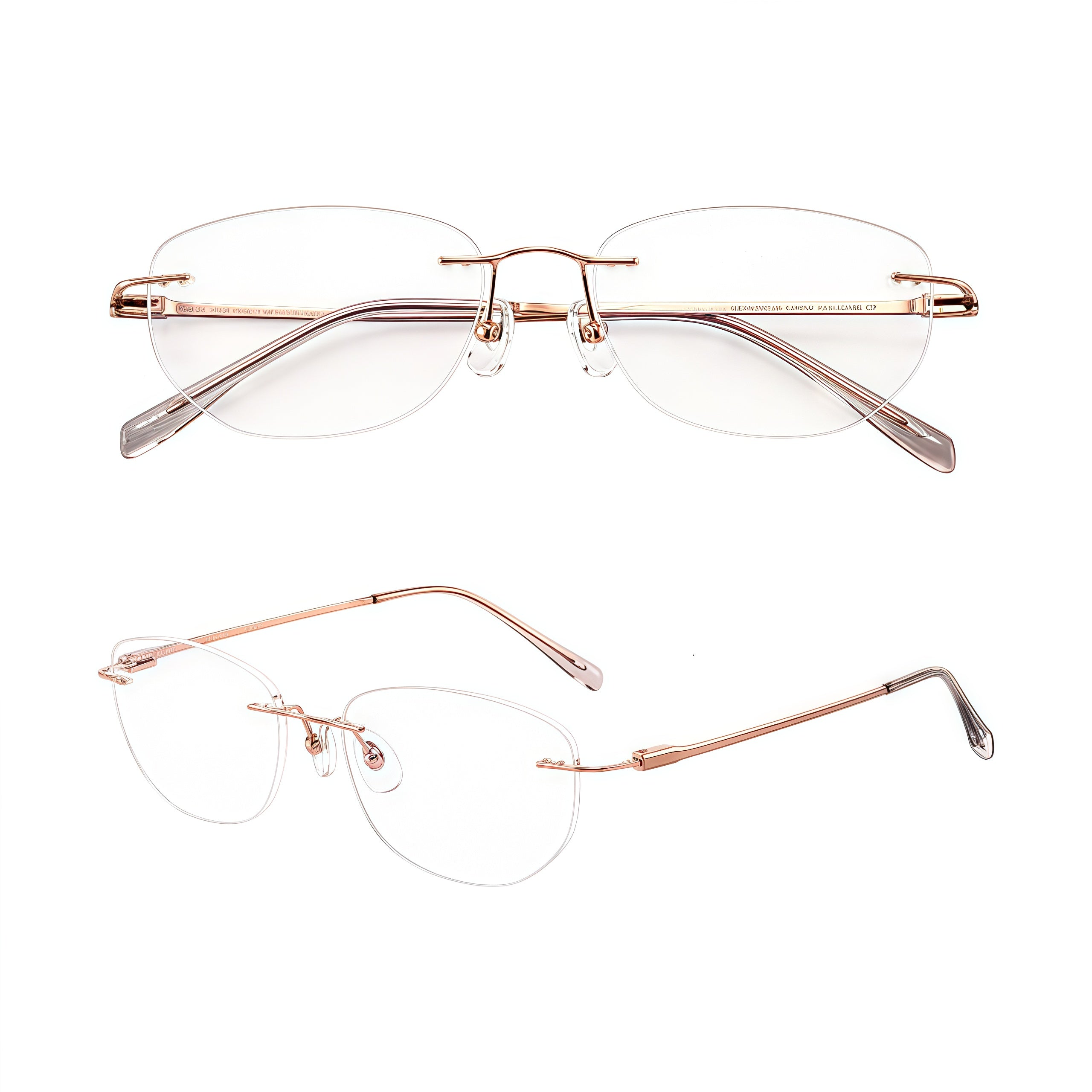 Rose Gold rimless round titanium eyeglass frames, supplier front and angle reference
