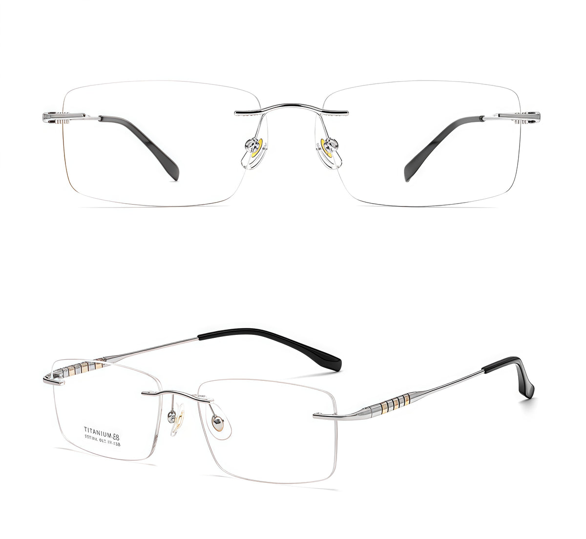Silver men's titanium alloy rimless rectangular glasses, supplier front and three-quarter views