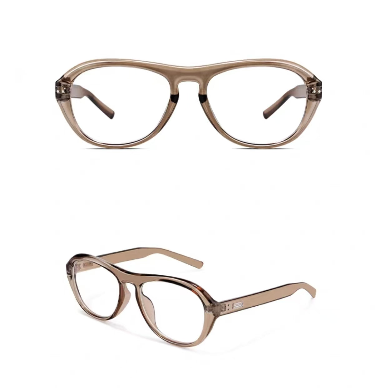 Crystal Brown unisex oversized polycarbonate full-rim glasses, original front and 45-degree composite detail