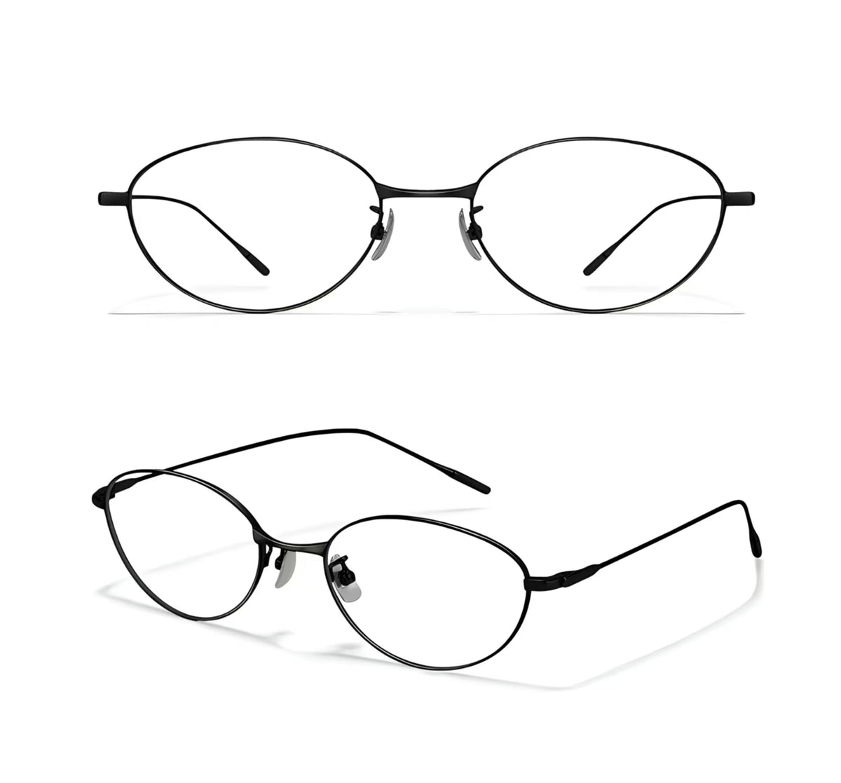 Black women's lightweight titanium rounded-oval glasses, supplier front and 45-degree composite detail