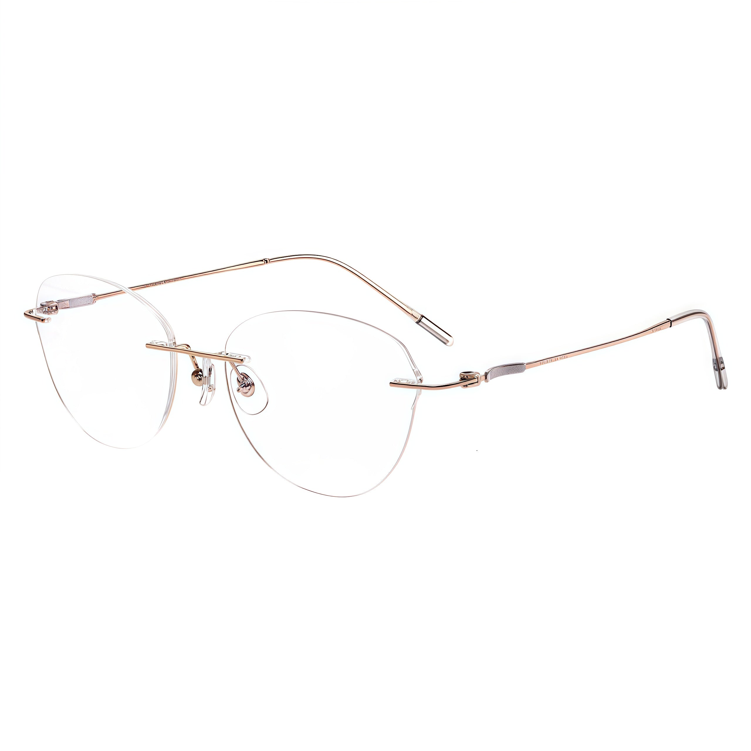 Rose gold and purple women's titanium rimless cat-eye glasses, 45-degree product view
