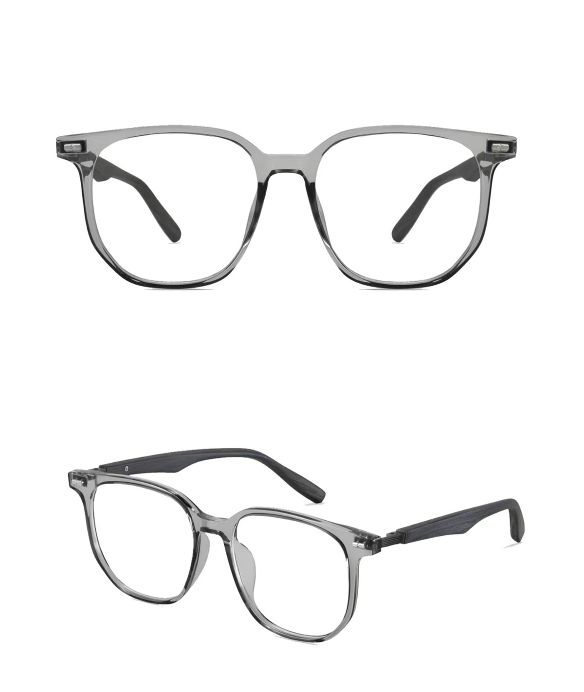 Crystal Gray TR90 oversized softly squared full-rim glasses, original front and 45-degree product detail