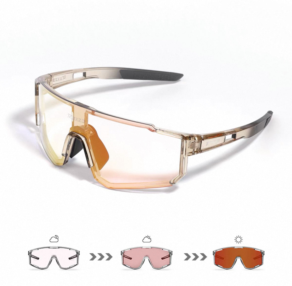 Crystal Brown Frame/Photochromic Red Lens front and 45-degree product views of Wraparound Windproof Dustproof Sports Sunglass