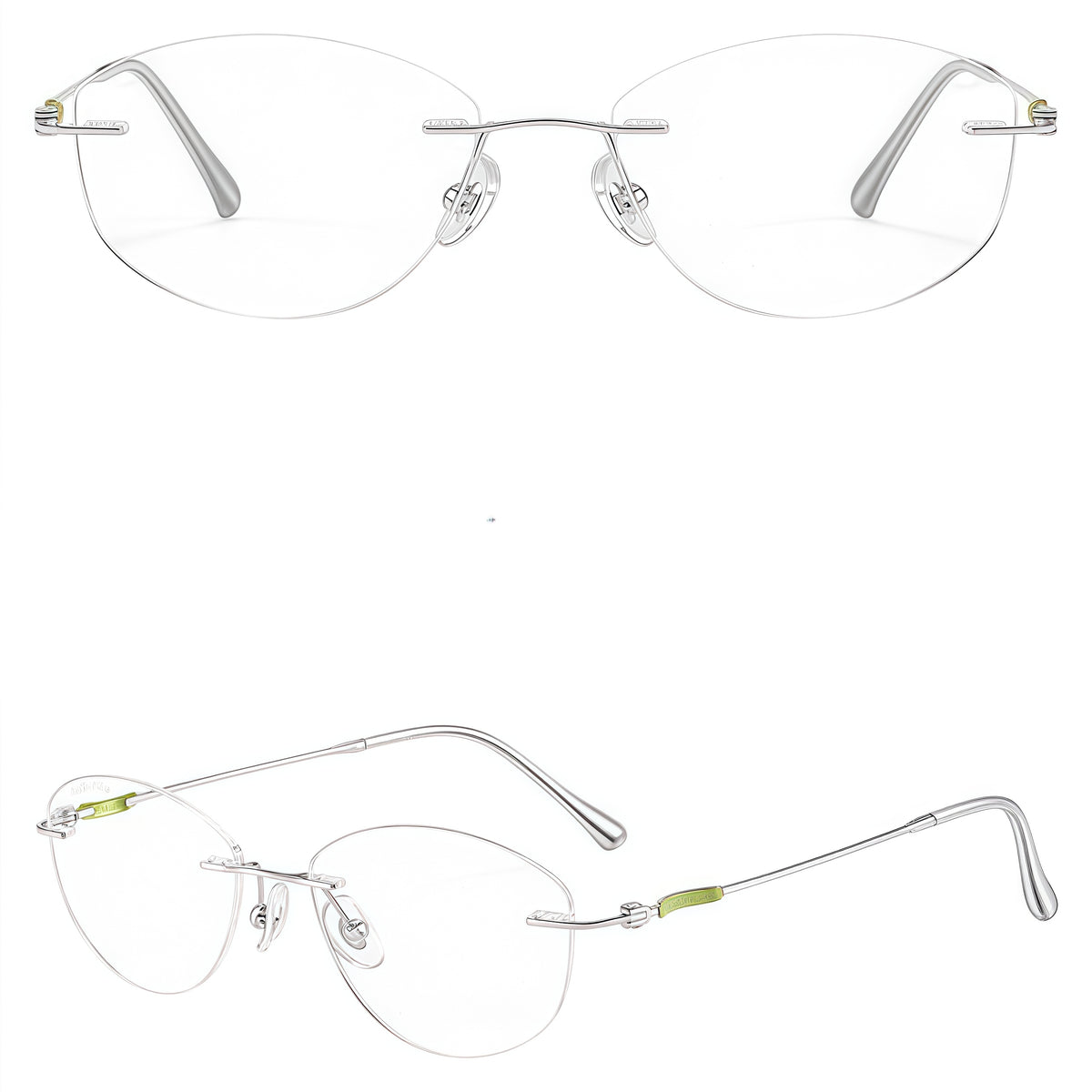 Green/Silver women's pure titanium cat-eye rimless eyeglass frames, product views