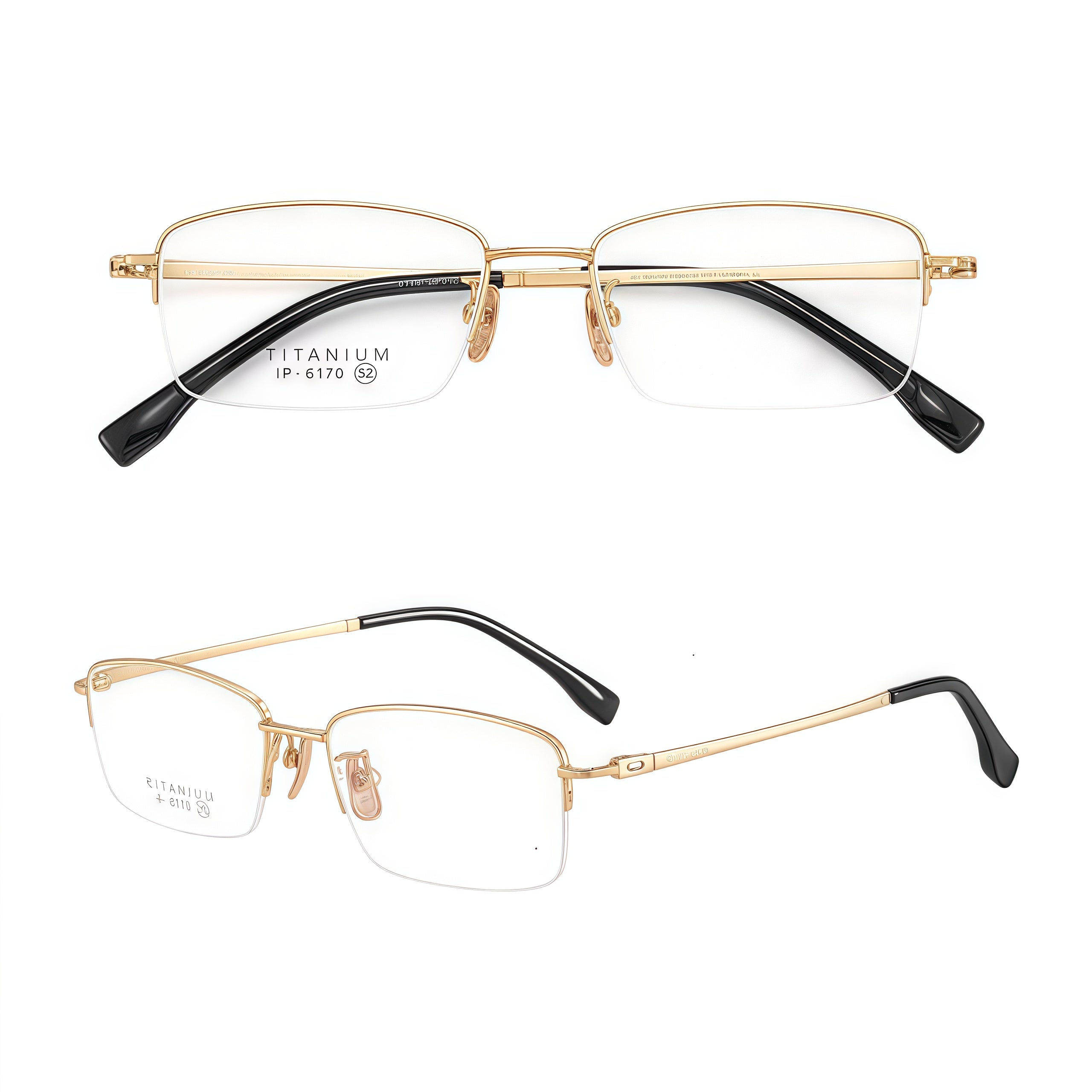 Gold unisex professional titanium semi-rimless glasses, original front and 45-degree composite