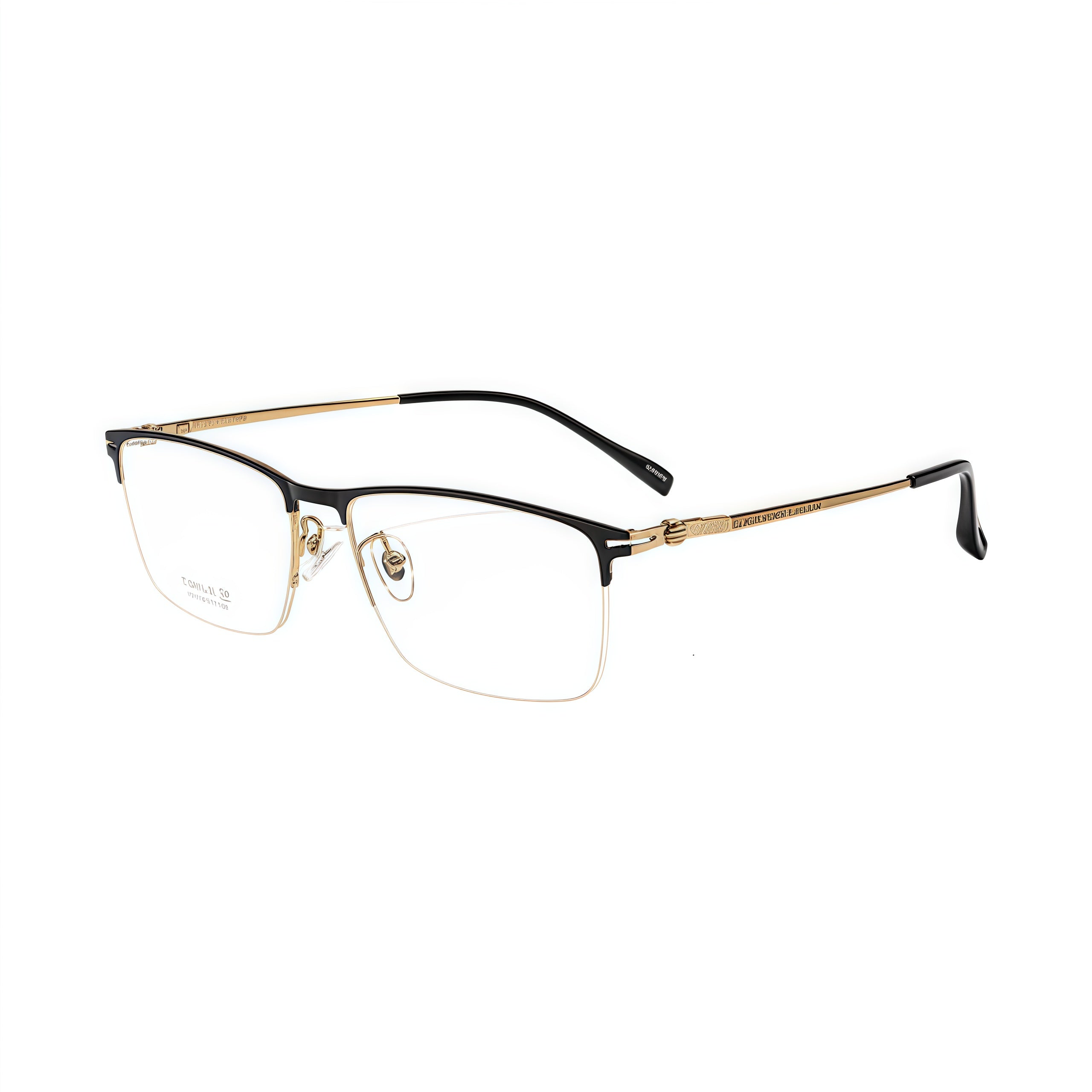 Black/Gold unisex titanium rectangular semi-rimless glasses, 45-degree product view