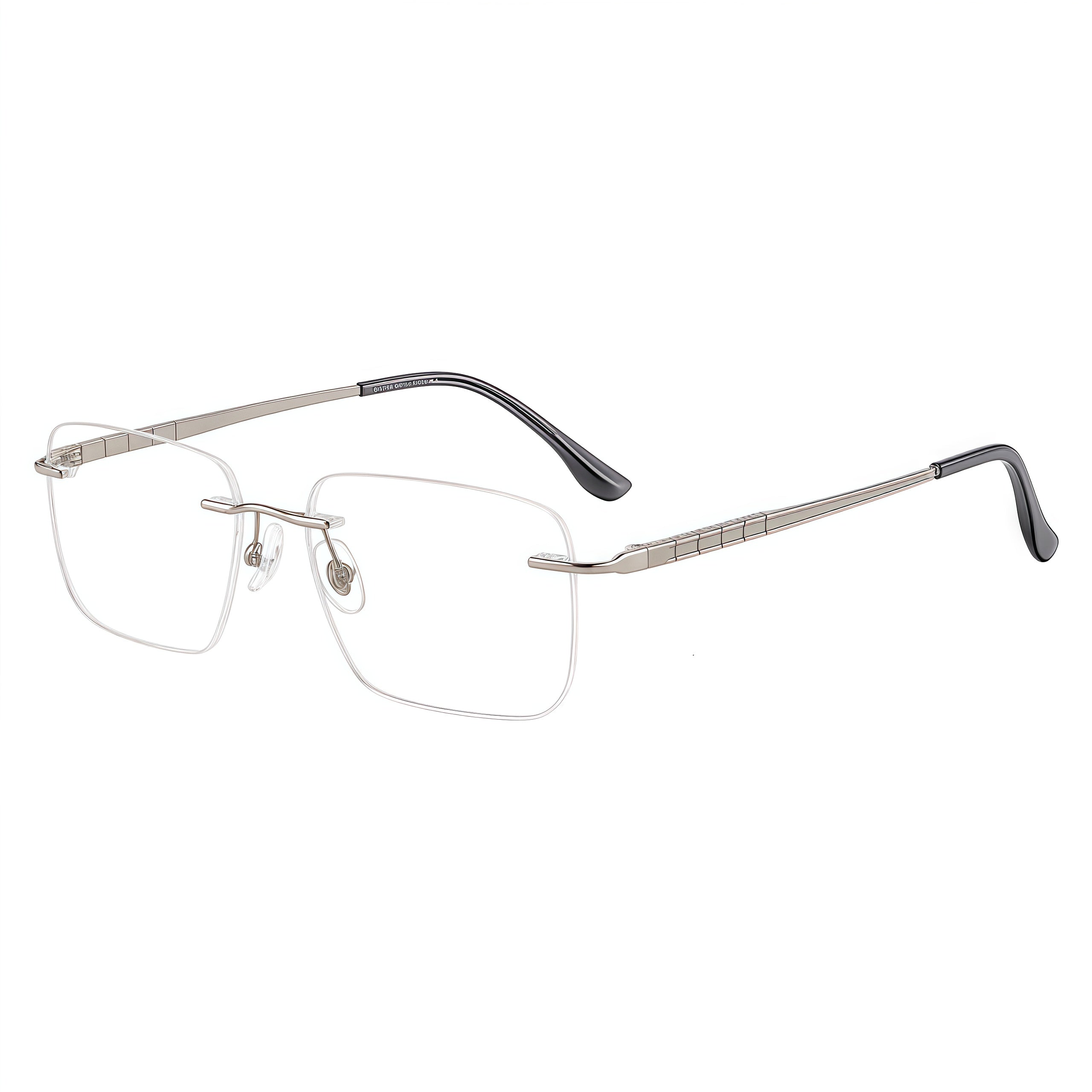Gunmetal rimless rectangular pure titanium eyeglass frames, supplier front and angle reference