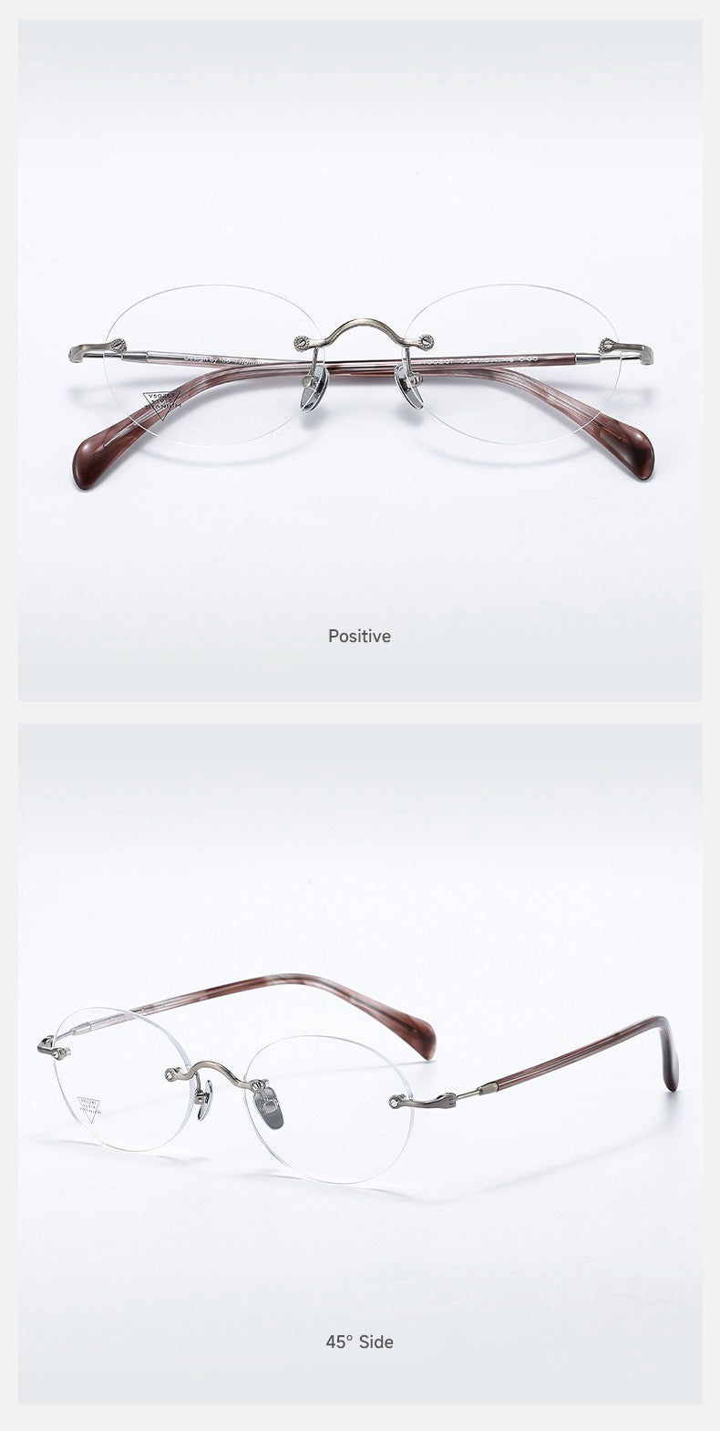 Gunmetal/Purple Brown front and 45-degree product views of Vintage Sophisticated Rimless Eyeglasses