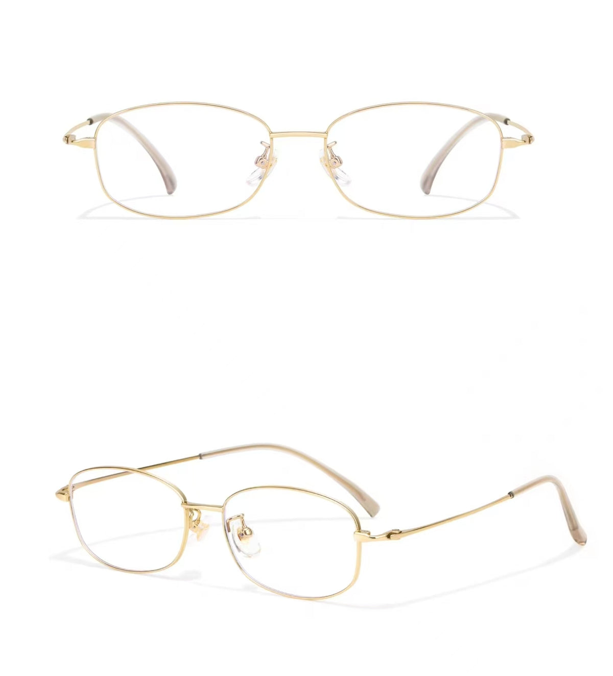 Gold women's ultra-light square full-rim glasses, original front-and-45-degree composite detail