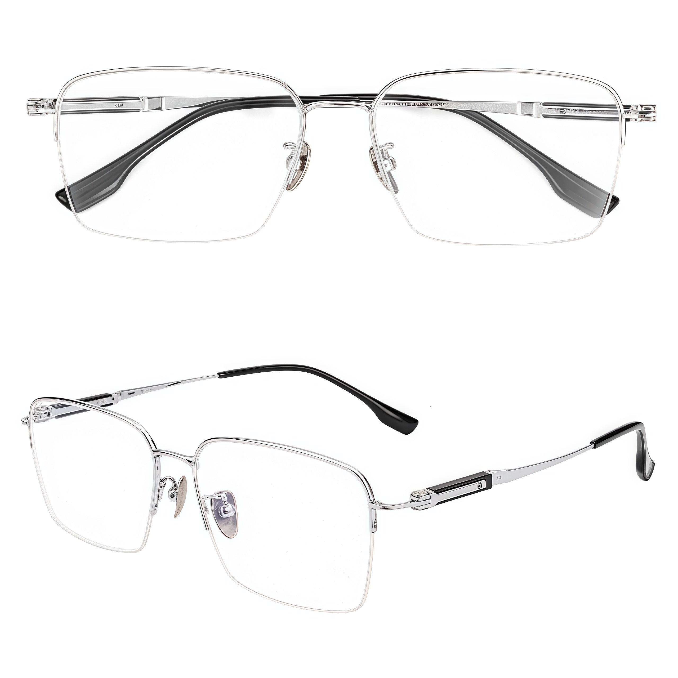 Silver pure titanium semi-rimless glasses, front and 45-degree composite detail