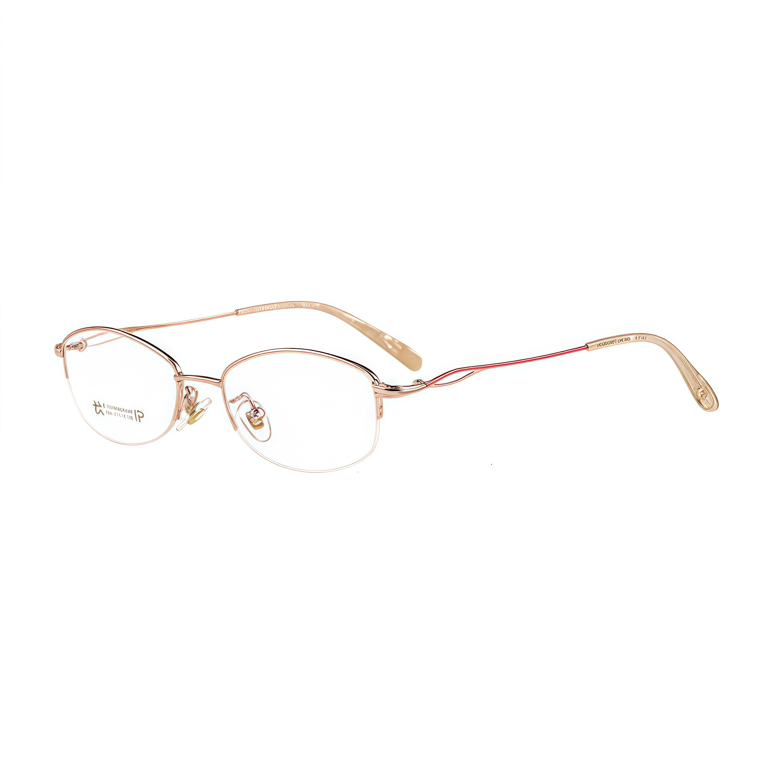 Rose Gold women's elegant metal alloy semi-rimless glasses, original 45-degree product view
