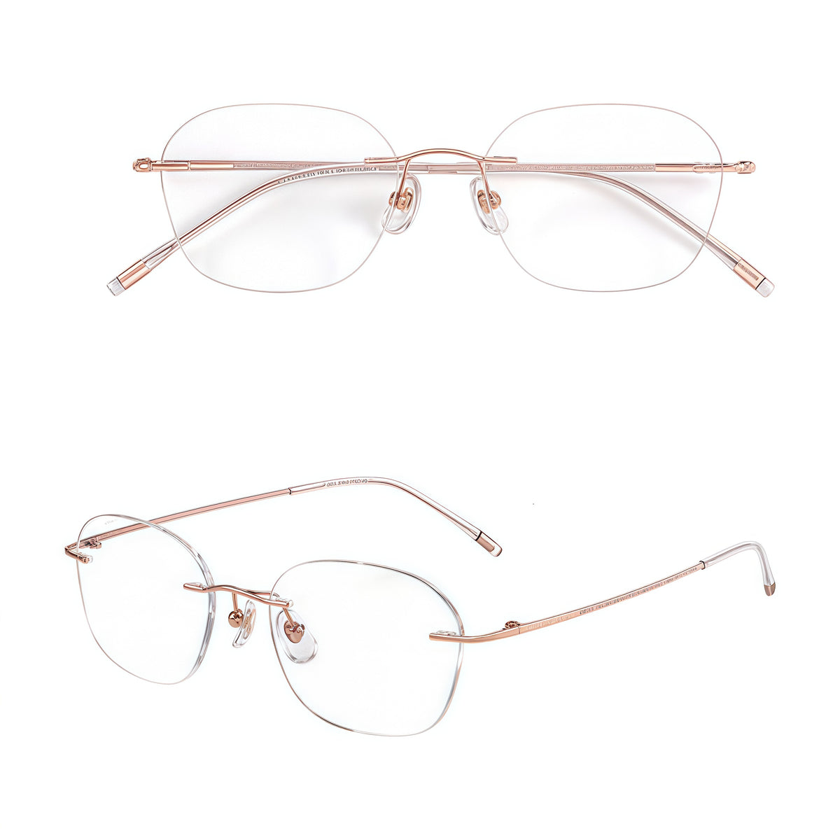 Rose Gold women's round titanium rimless glasses, product view