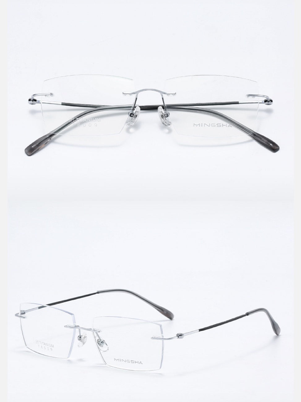 Silver men's semi-titanium geometric rectangular rimless eyeglass frames, product views