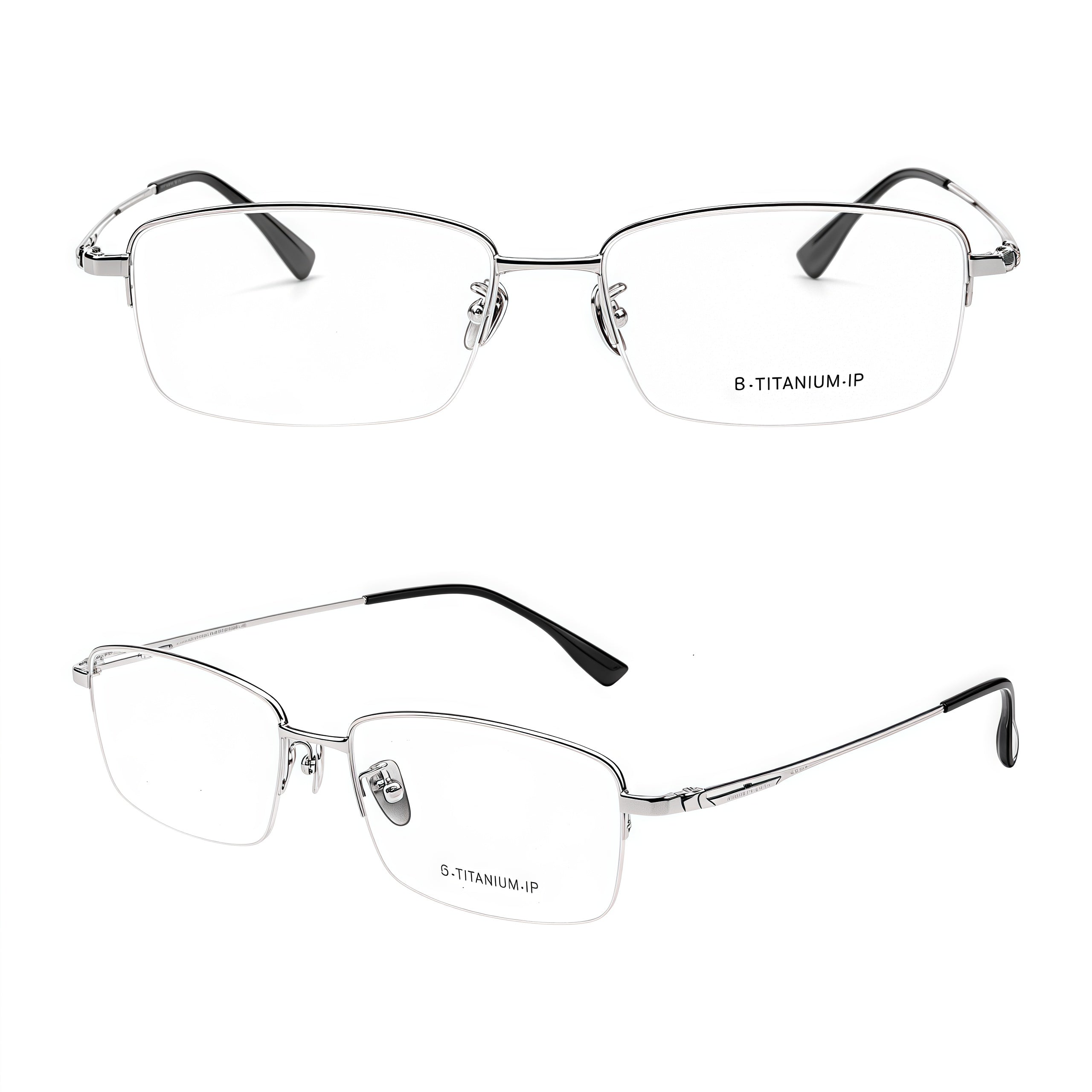Silver men's vintage pure titanium semi-rimless glasses, front and 45-degree product detail