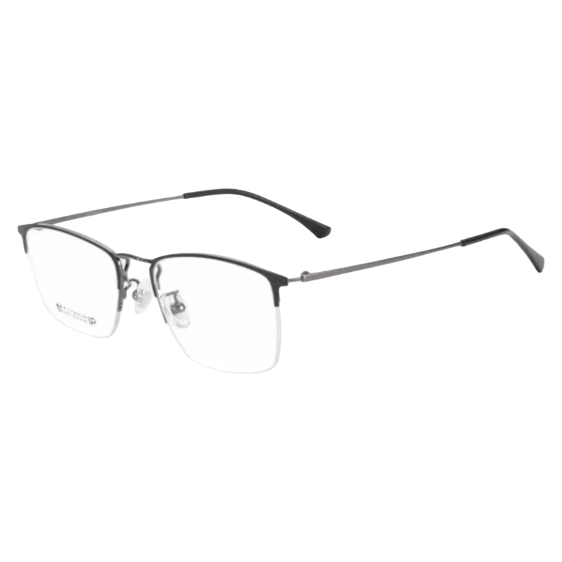 Gunmetal casual rectangular browline profile semi-rimless eyeglass frame, three-quarter product view