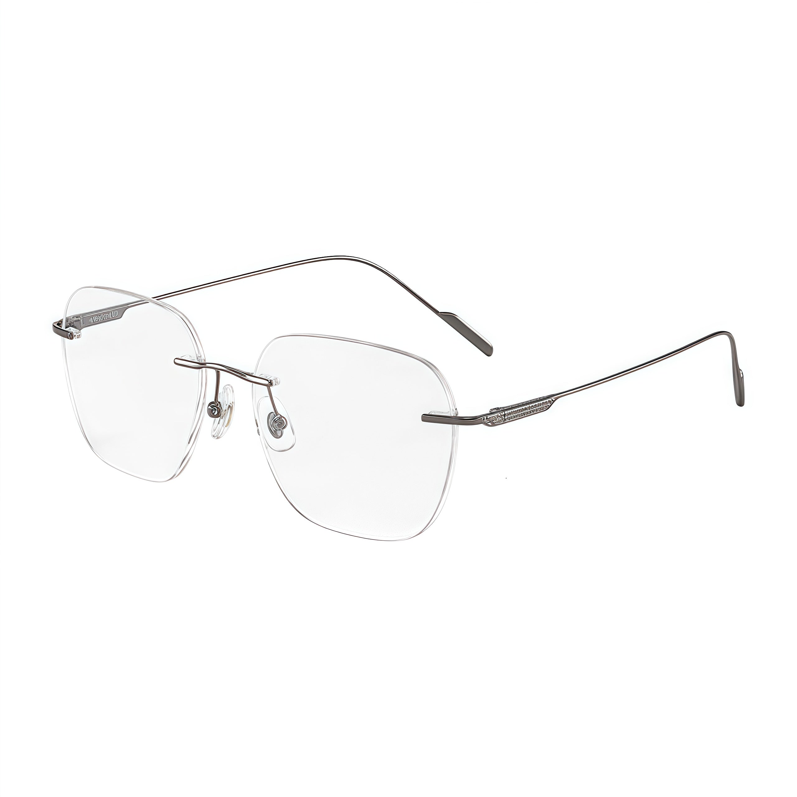 Gunmetal unisex titanium rimless geometric rectangular eyeglass frames, product view