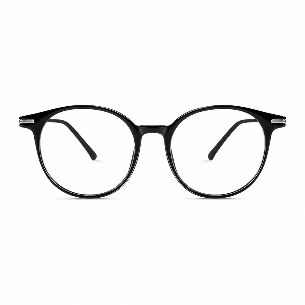 Glossy Black unisex TR90 round full-rim glasses, front product view