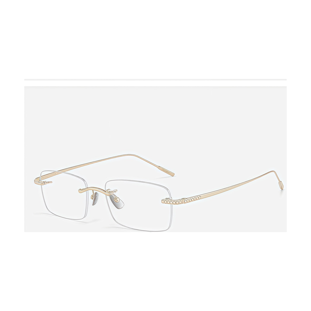 Gold pure-titanium rectangular rimless glasses, 45-degree product view