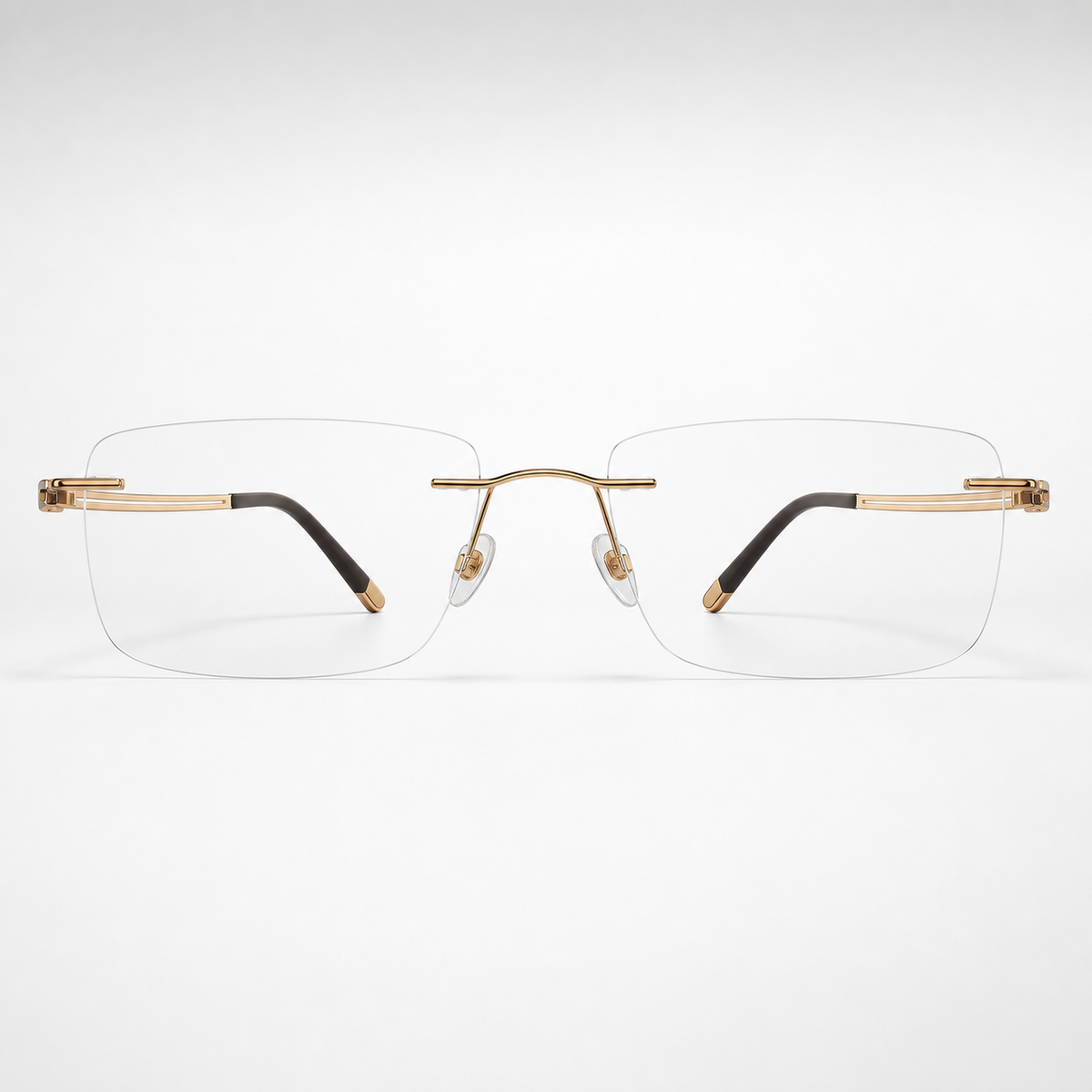 Gold pure titanium rectangular rimless glasses, front product view