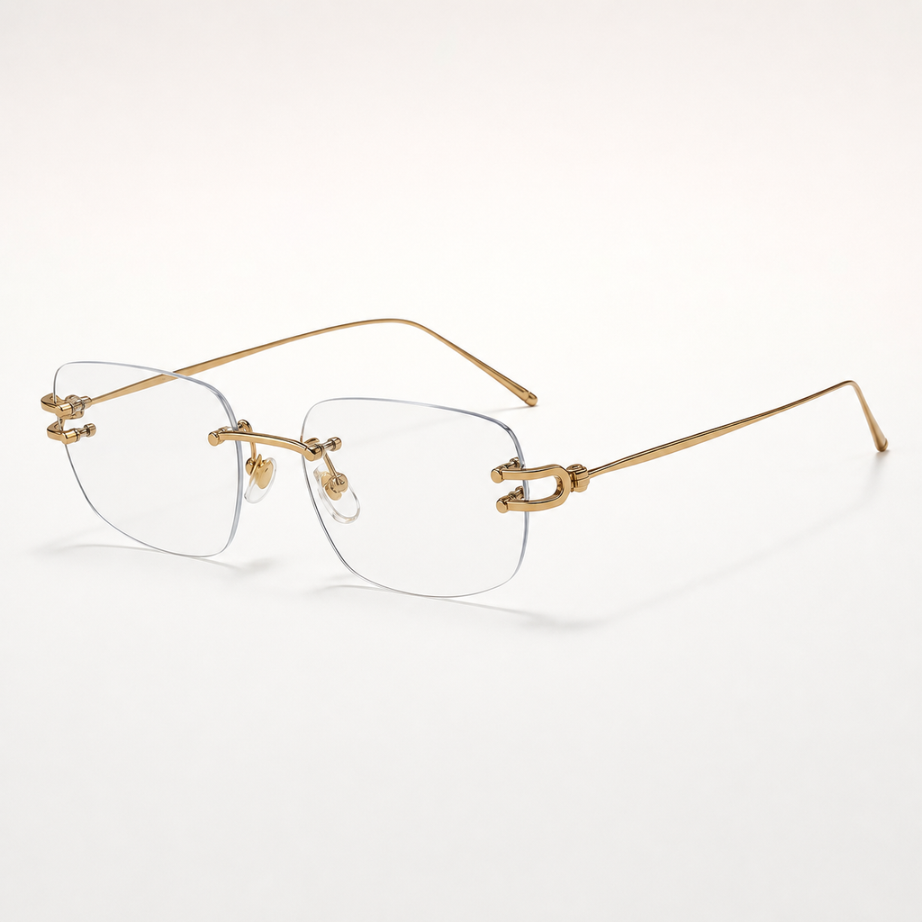 Gold semi-titanium rectangular rimless glasses, 45-degree product view