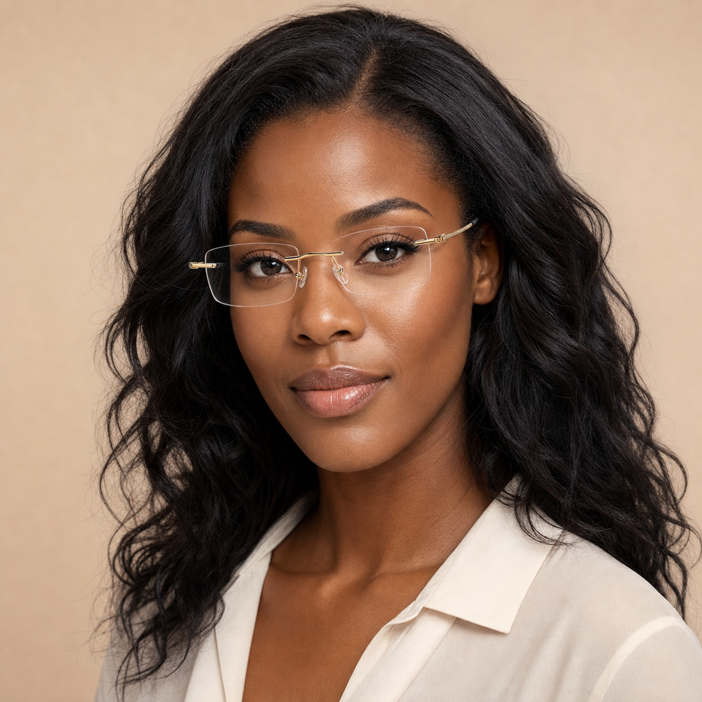 Gold semi-titanium rimless glasses worn by an adult Black woman