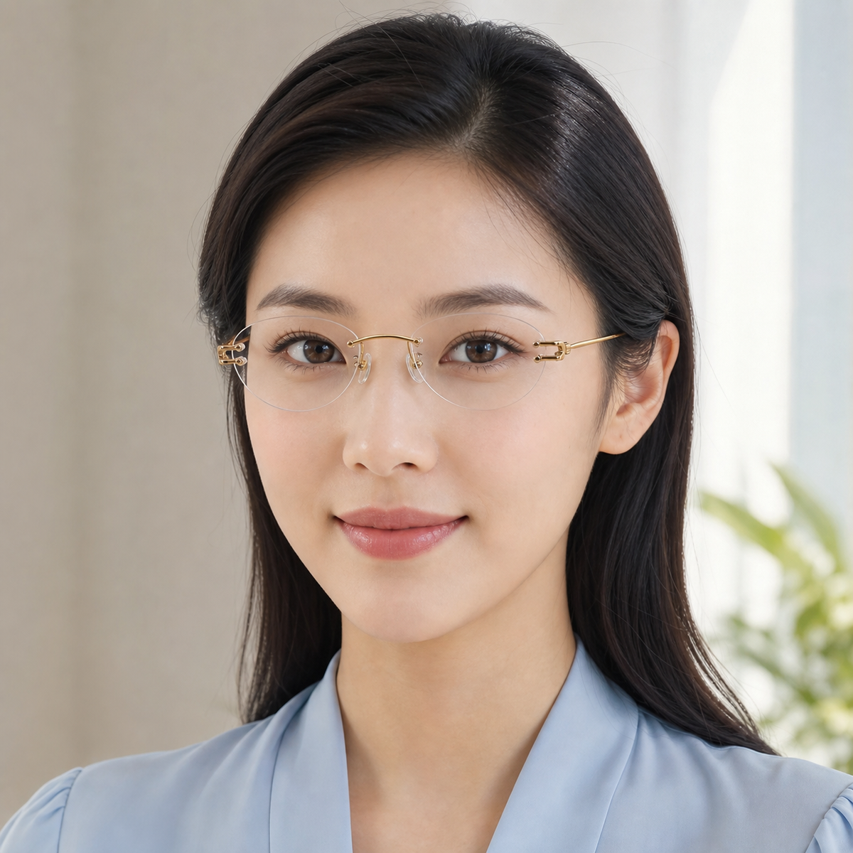 Gold semi-titanium rounded rimless glasses worn by an adult East Asian woman