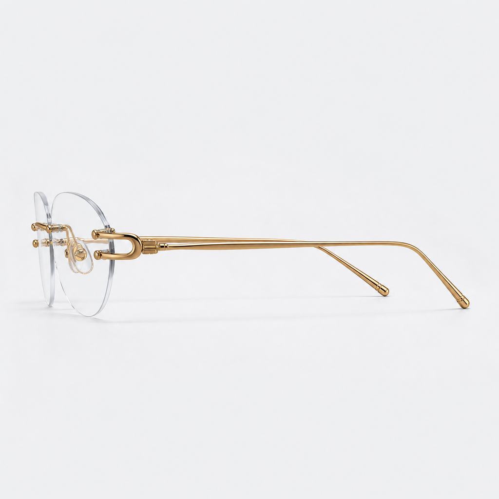 Gold semi-titanium rounded rimless glasses, side and temple product view