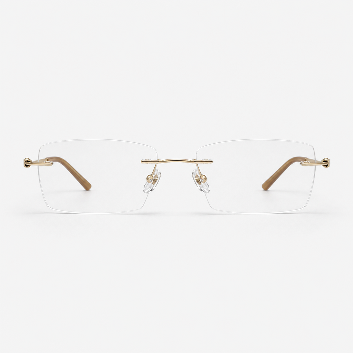 Gold titanium and acetate rectangular rimless glasses, front product view