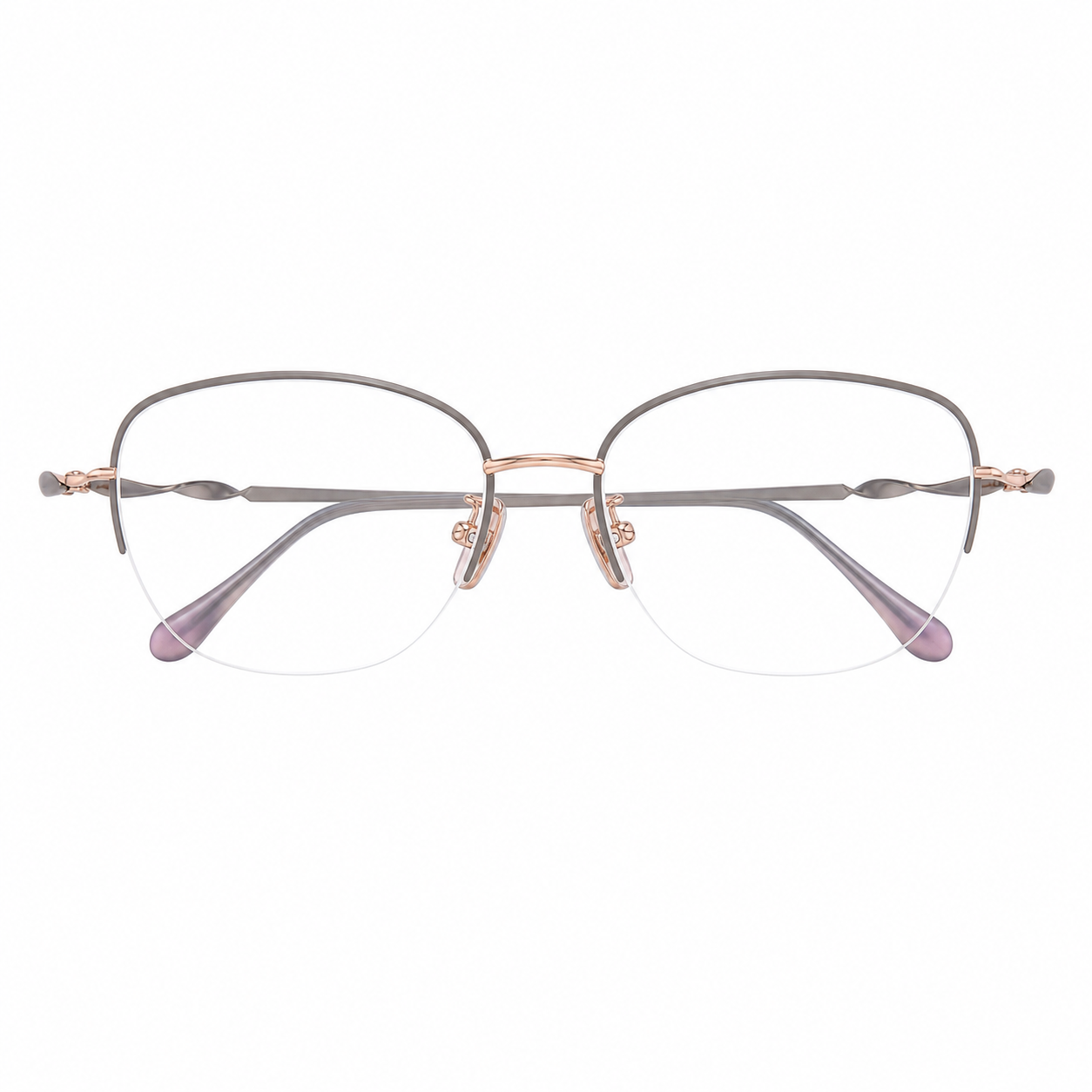 Grey/Rose Gold pure titanium semi-rimless eyeglass frame, front product view