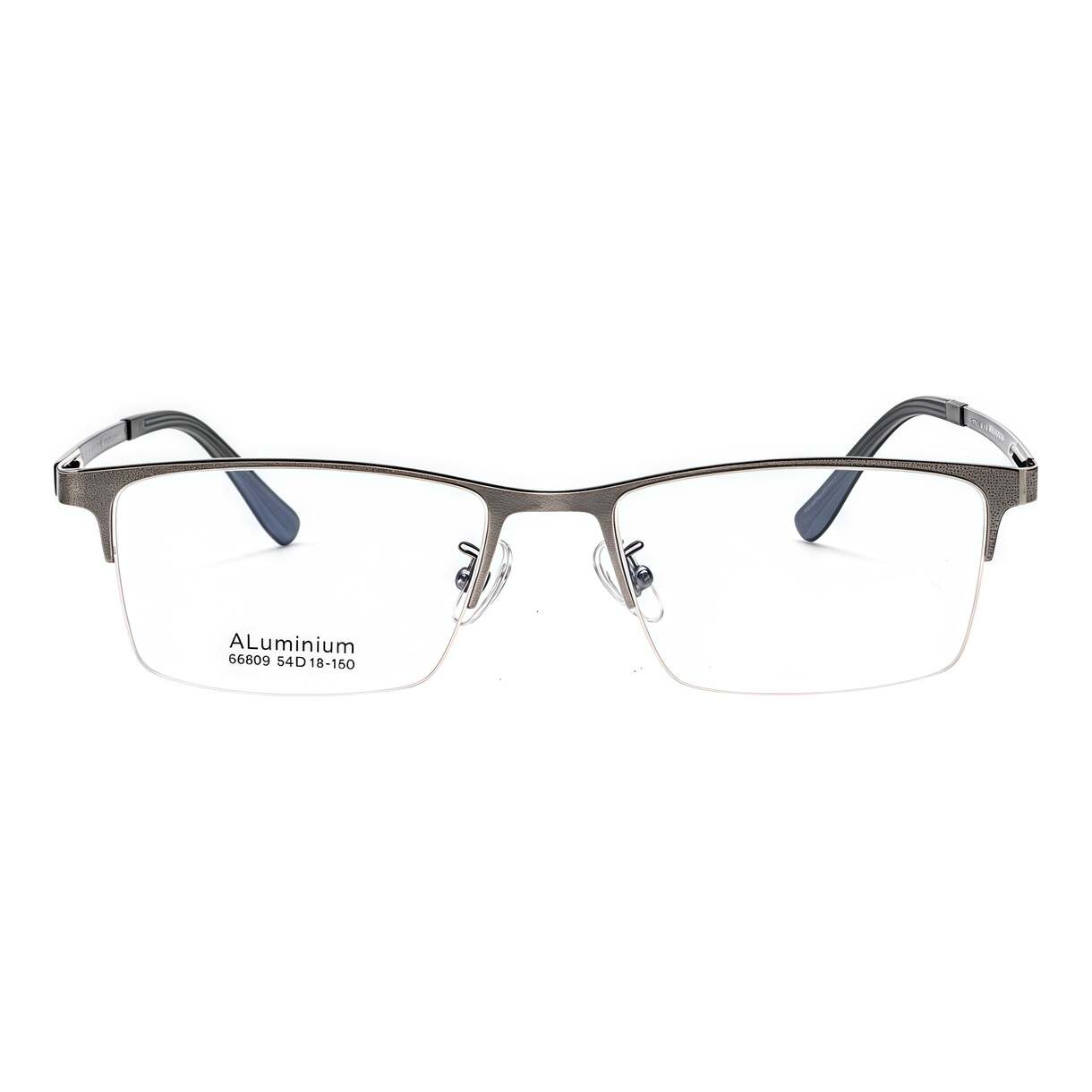 Gunmetal Silver rectangular semi-rimless glasses, front product view