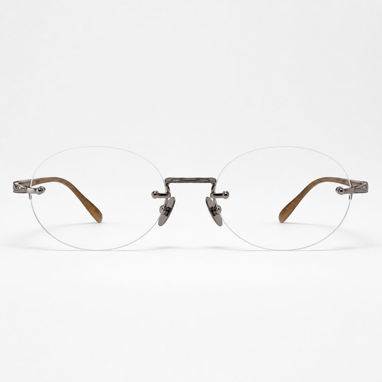 Gunmetal/Brown titanium and acetate rimless oval eyeglasses, straight-on product view