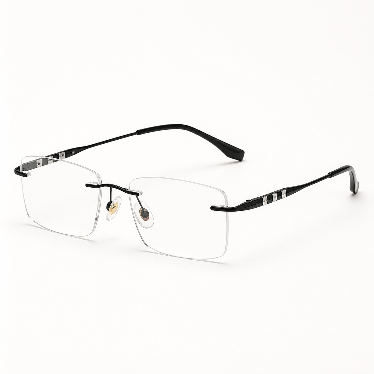 Black semi-titanium rimless rectangular eyeglasses, 45-degree product view
