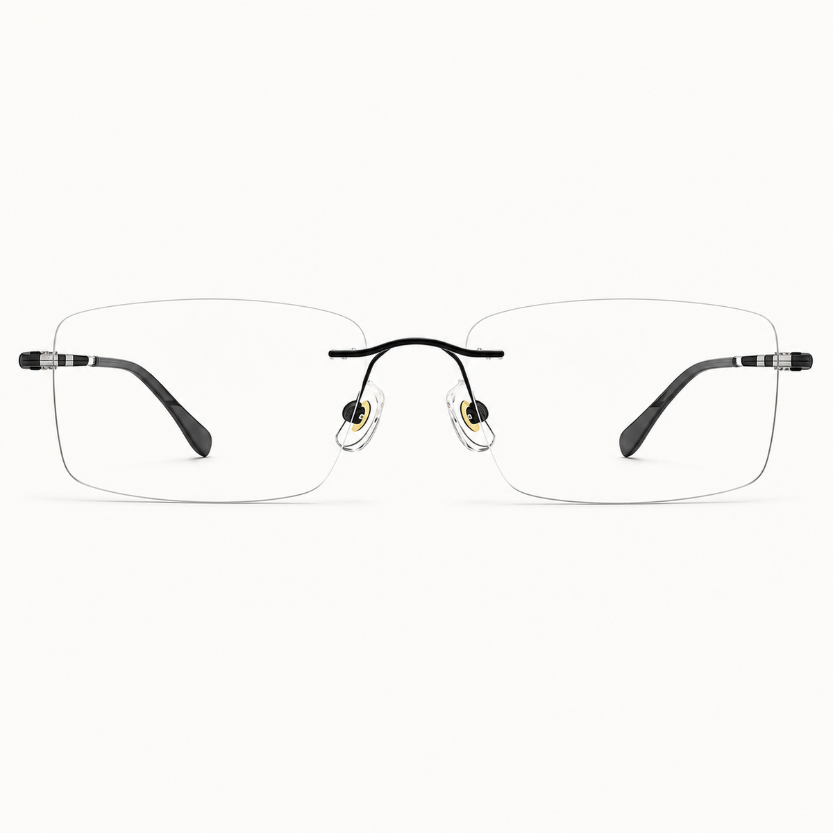 Black semi-titanium rimless rectangular eyeglasses, straight-on product view