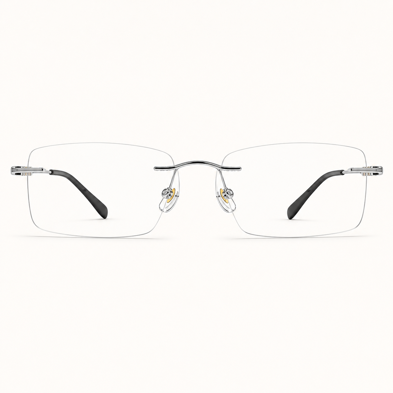 Silver semi-titanium rimless rectangular eyeglasses, straight-on product view