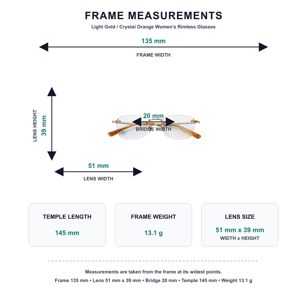 Light Gold/Crystal Orange titanium and acetate rimless glasses measurement guide: 135 mm frame, 51 mm lens, 13.1 g weight