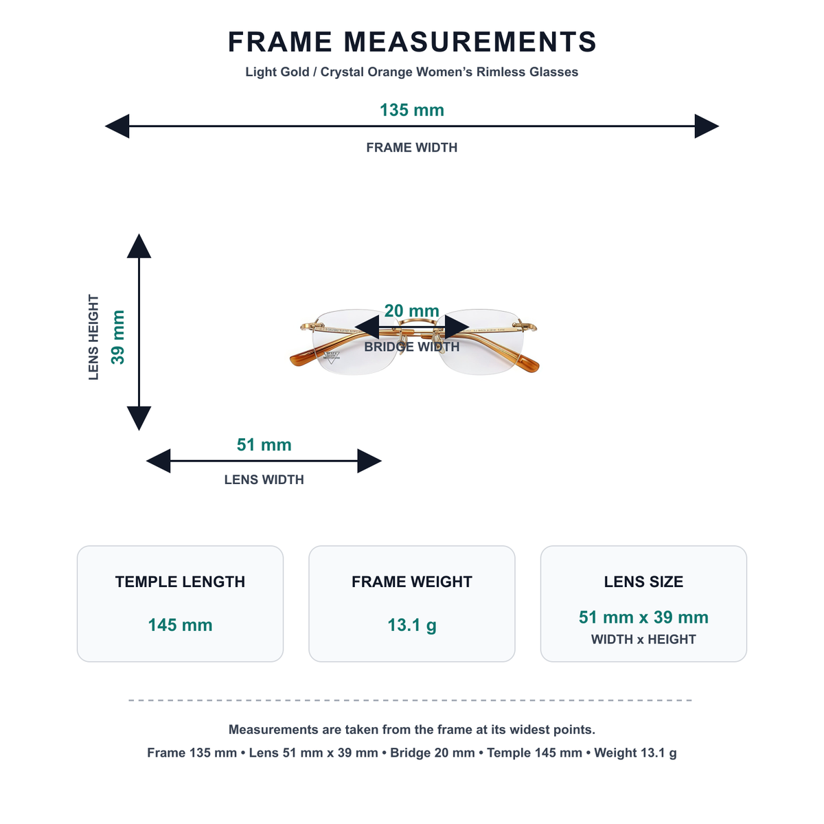 Light Gold/Crystal Orange titanium and acetate rimless glasses measurement guide: 135 mm frame, 51 mm lens, 13.1 g weight