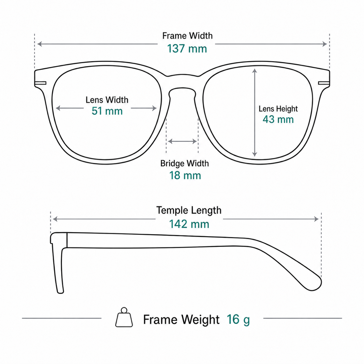 Women's Lightweight Cat-Eye TR90 Blue-Light Glasses measurement guide: 137 mm frame, 51 mm lens, 16 g weight