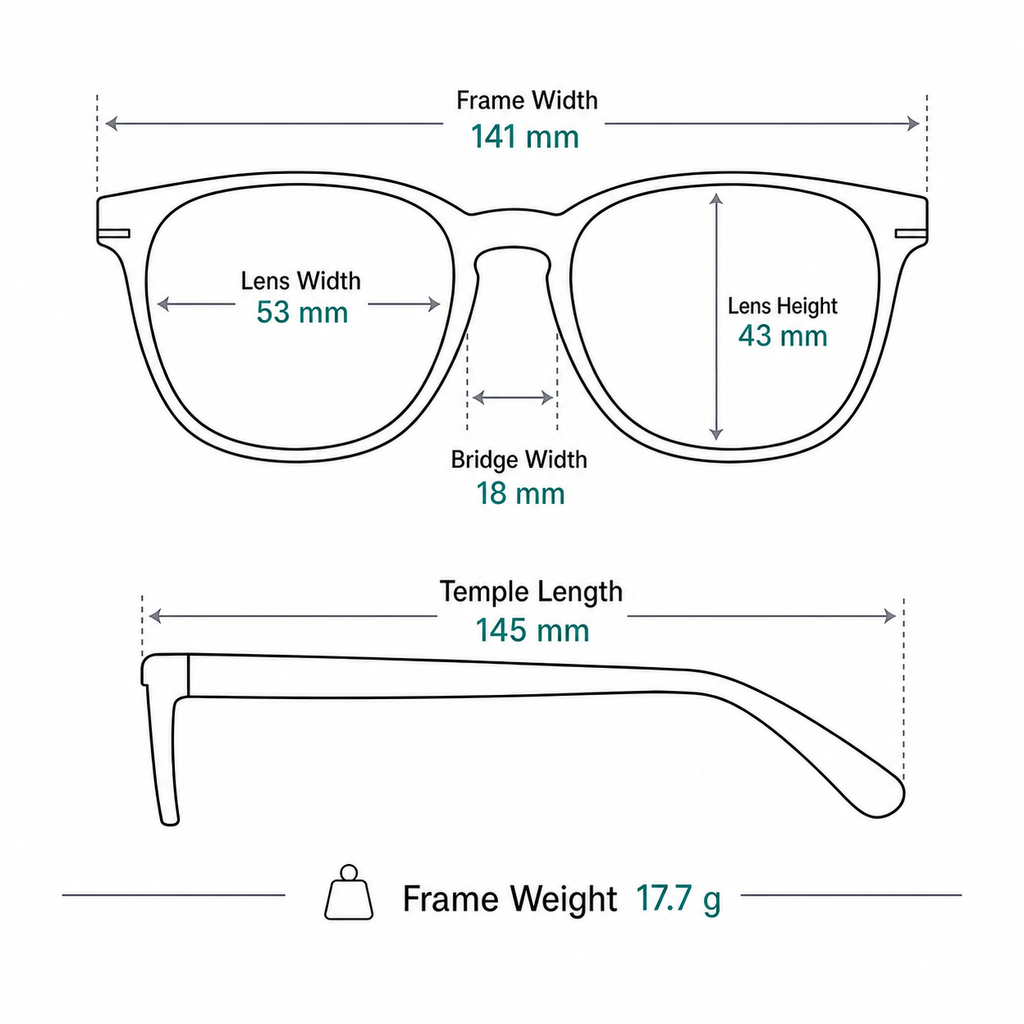 Modern TR & Alloy Semi-Rimless Glasses measurement guide: 141 mm frame, 53 mm lens, 17.7 g weight