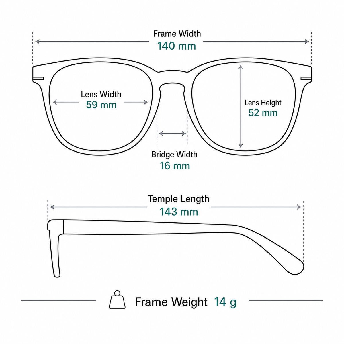Women's Oversized Cat-Eye TR90 Full-Rim Glasses measurement guide: 140 mm frame, 59 mm lens, 14 g weight