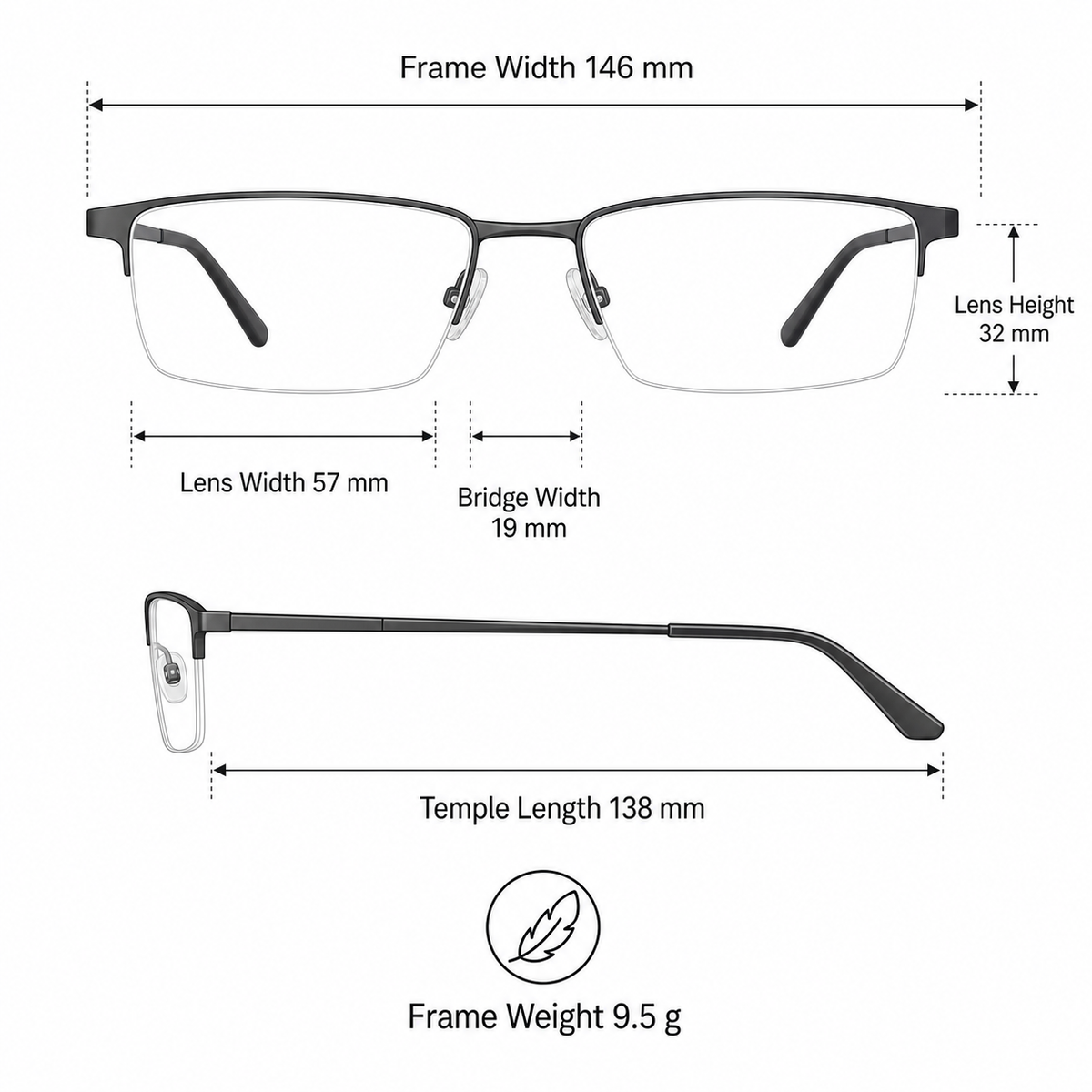 Men's professional semi-rimless frame measurement guide: 146 mm frame, 57 mm lens and 9.5 g weight