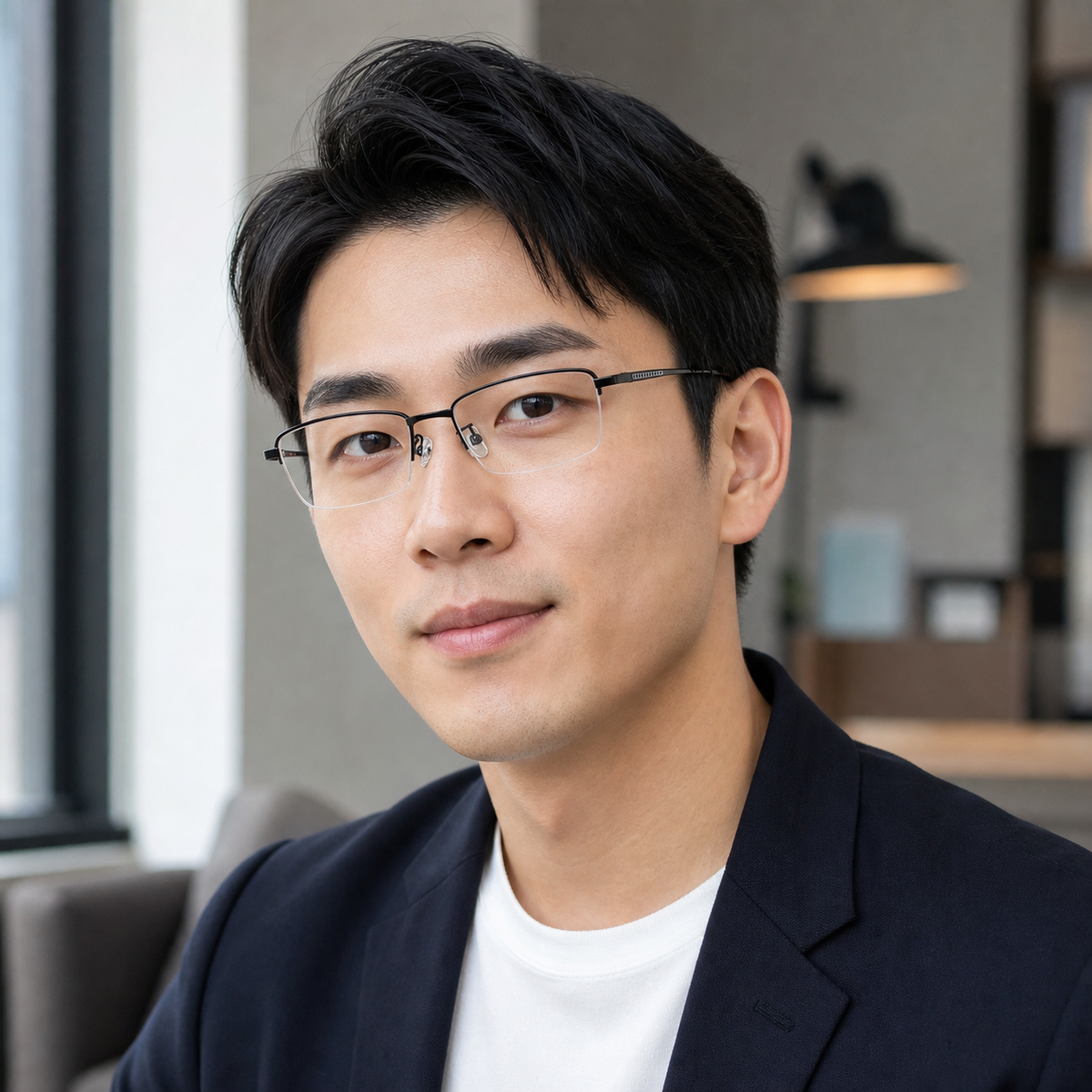 Black men's pure titanium semi-rimless glasses worn by an adult East Asian man