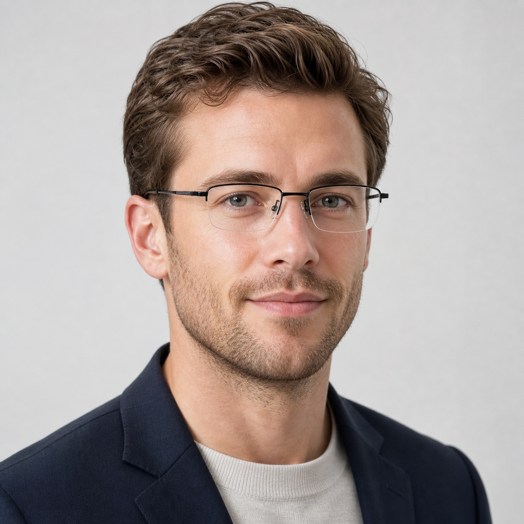 Black men's pure titanium semi-rimless glasses worn by an adult White man